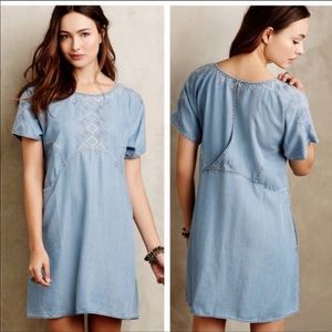 Anthropologie White Sands Blue Embroidered Dress